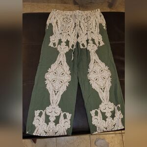 CeCe Olive Green Wide-Leg Pants with Cream Lace Overlay